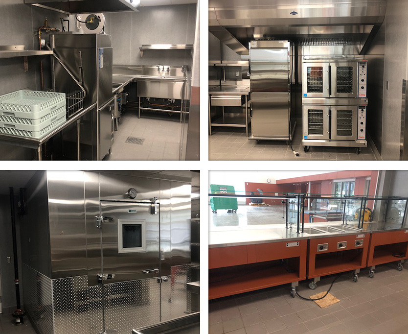Fullner Food Service displaying a washroom, walk-in freezer, baking station and buffet display from their contracted jobs.